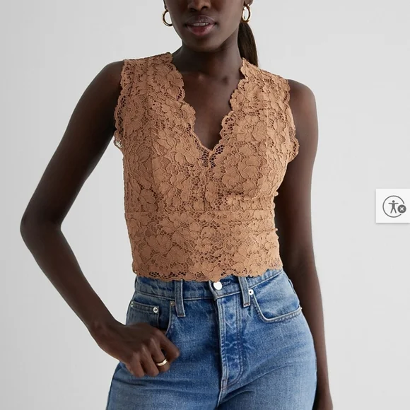 NEW Express Lace Smocked Back Sleeveless Blouse Dusty Gold - Picture 2 of 10